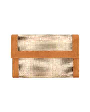 Blake Mesh Rattan & Leather Clutch - Caramel