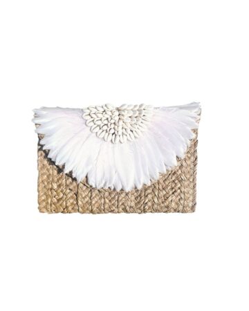 Faye Feather & Cowrie Shell Clutch - White