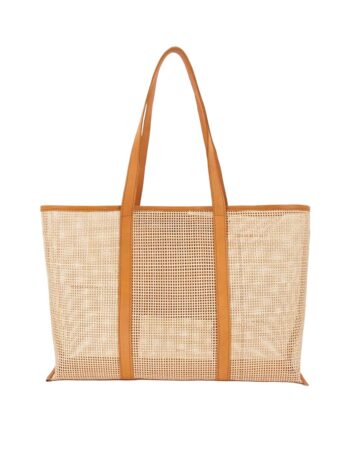 Orla XXL Mesh Rattan & Leather Tote - Brown