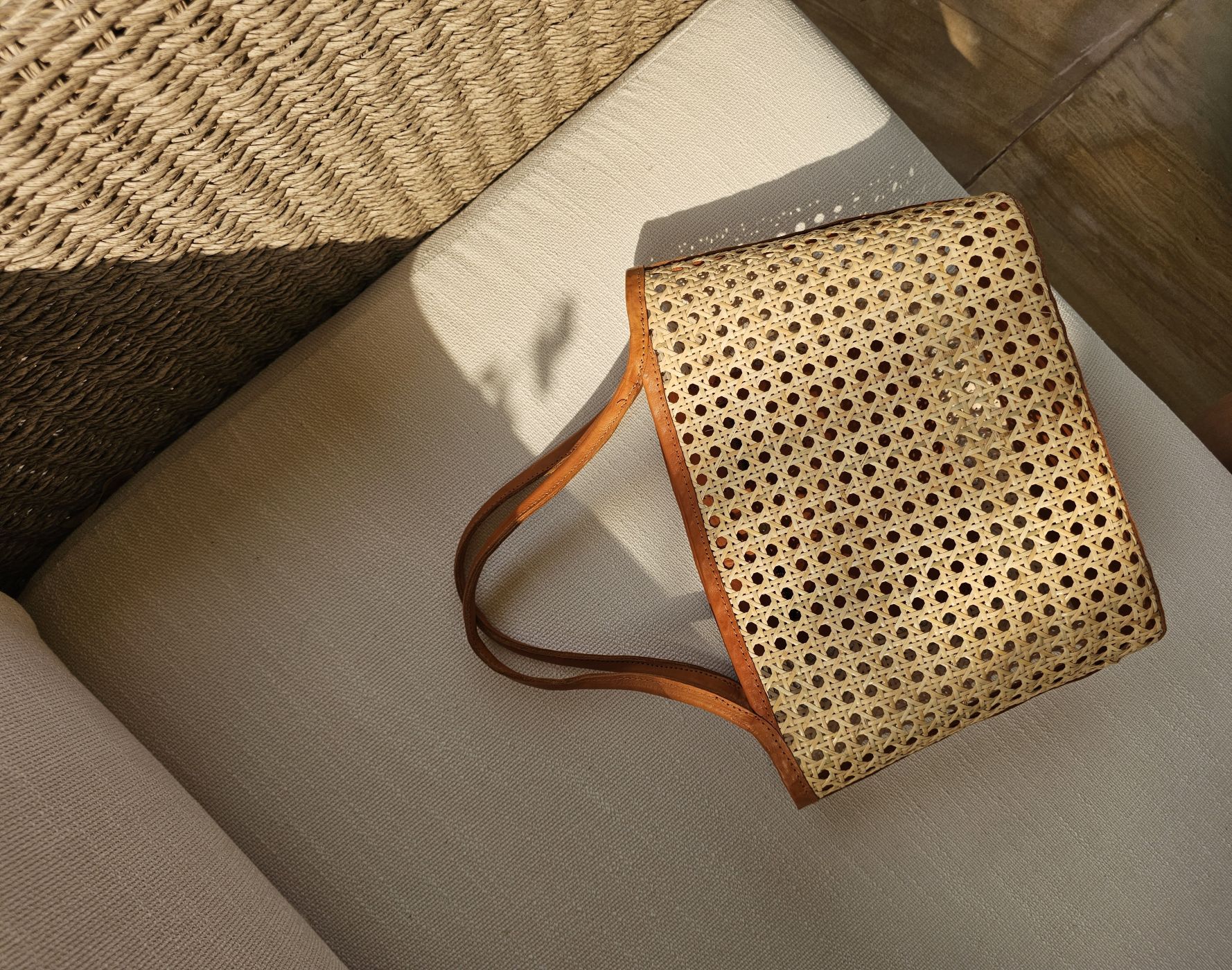 Alex Rattan & Leather Tote - Bone - Image 3