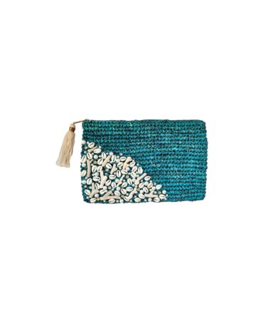 Coralie Raffia Shell & Pearl Clutch - Teal