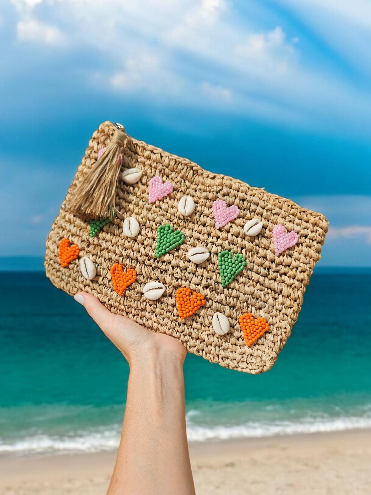 Juno Embroidered Raffia Clutch - Summer