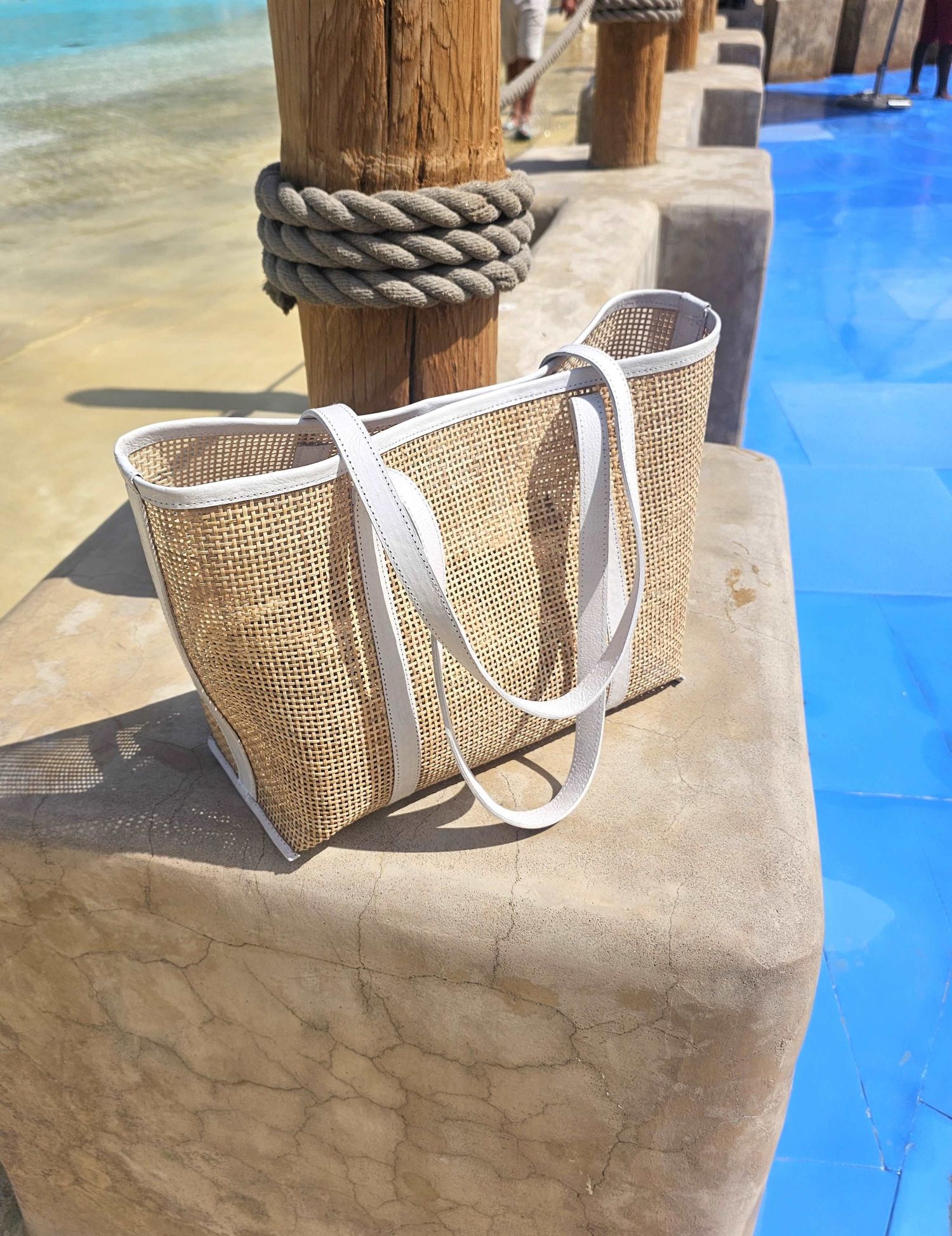 Audrey Mesh Rattan & Leather Tote – Bone