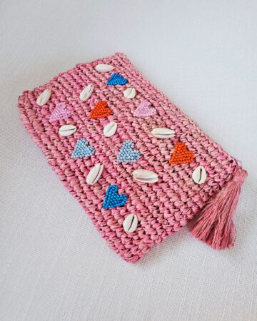 Juno Embroidered Raffia Clutch - Pink