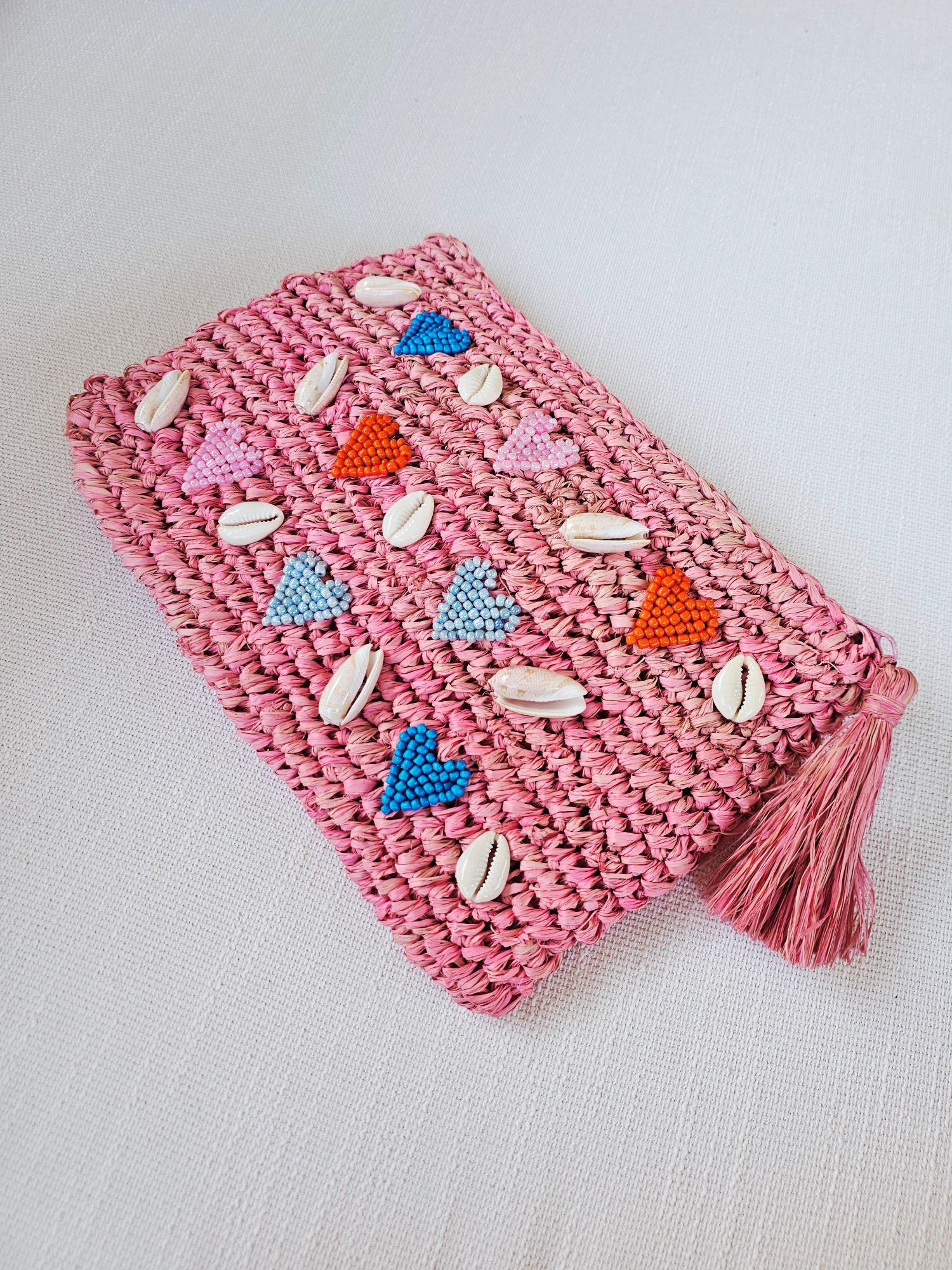 Juno Embroidered Raffia Clutch - Pink
