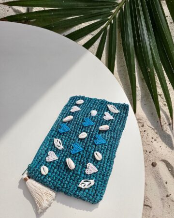 Juno Embroidered Raffia Clutch - Turquoise