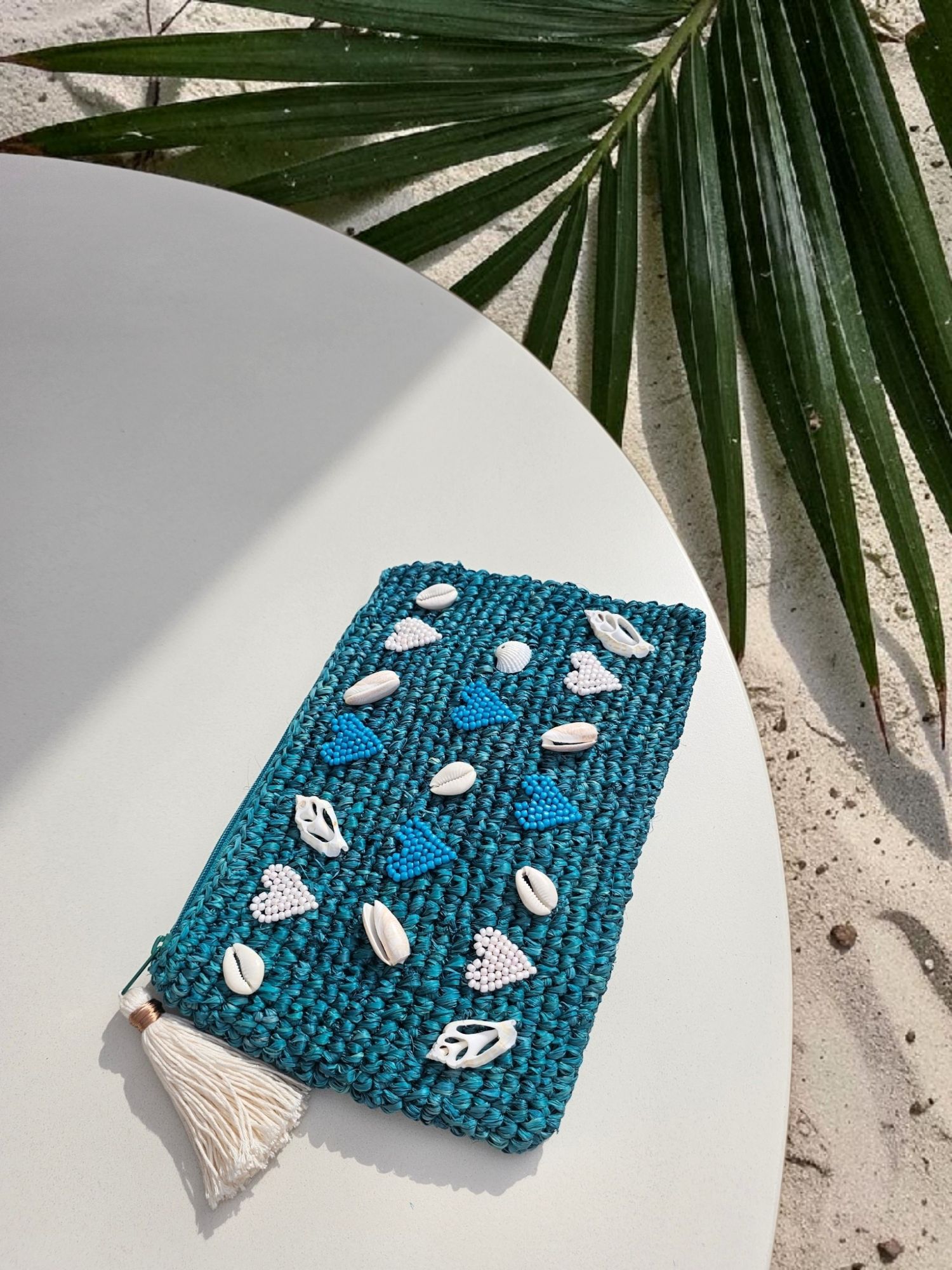 Juno Embroidered Raffia Clutch - Turquoise